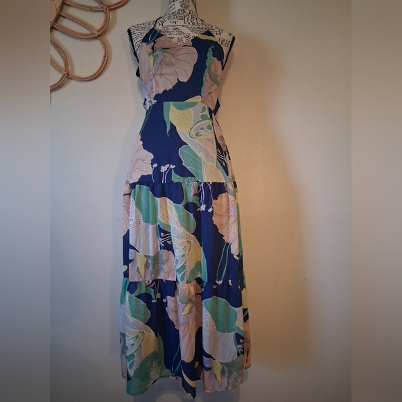 Lulus Hours of Flowers Blue Multi Floral Lace-Up Tiered Midi Dress Size XS - Picture 4 of 13
